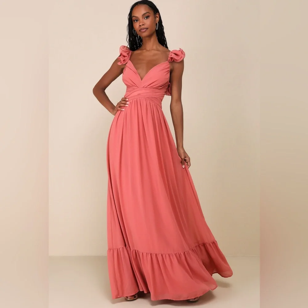 Lulu’s Large Soiree Celebration Rusty Rose Ruffled Lace-Up Maxi Dress - Picture 11 of 11